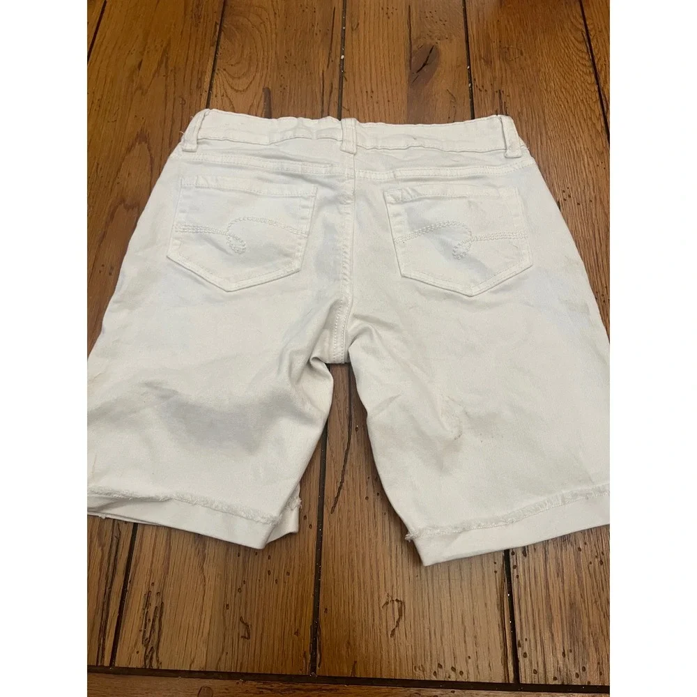 Justice Girls White Denim Bermuda Shorts Size 12 Raw Hem Stretch Cotton Blend